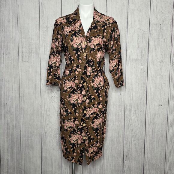 Vintage Dresses & Skirts - Vintage 80s Rayon Floral Shirt Dress Brown Pink Made USA, sz 9/10